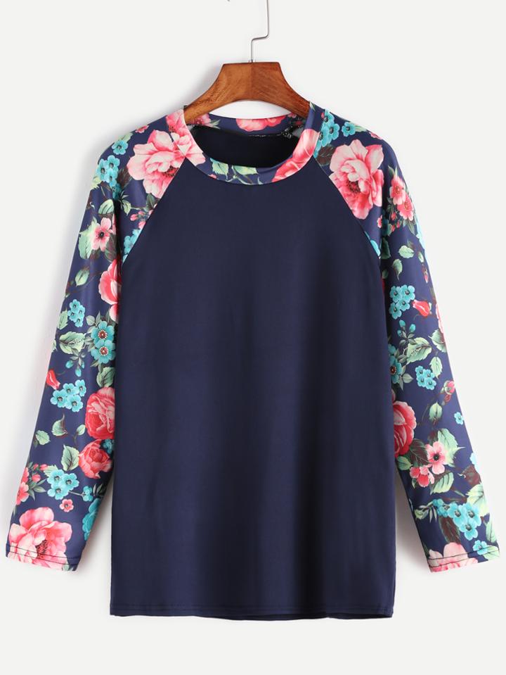 Shein Navy Contrast Florals Raglan Sleeve T-shirt