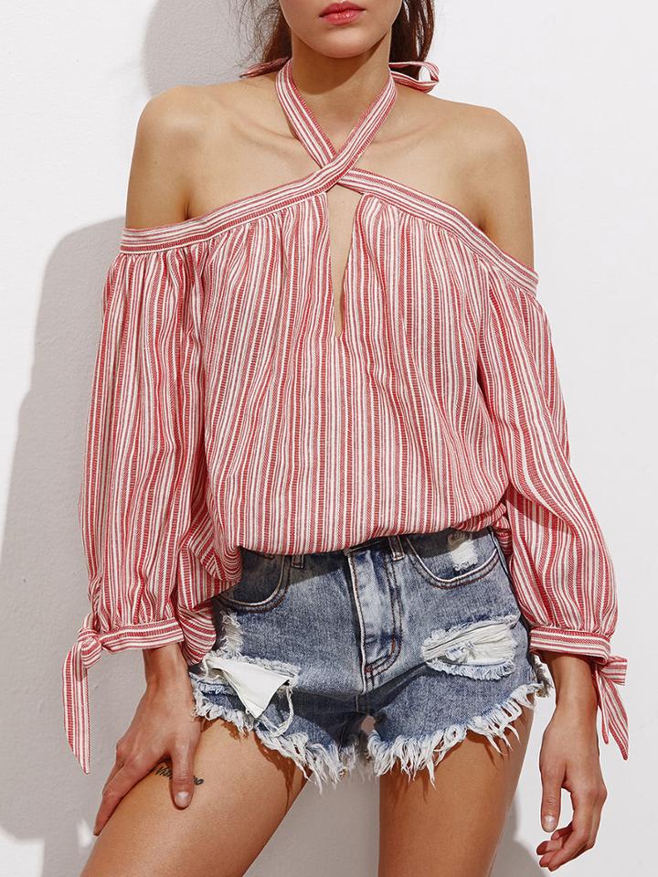 Shein Off Shoulder Keyhole Halter Tie Sleeve Striped Top