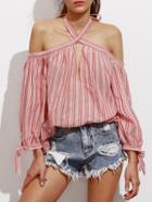Shein Off Shoulder Keyhole Halter Tie Sleeve Striped Top