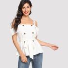 Shein Flower Strap Cold Shoulder Double Breasted Top