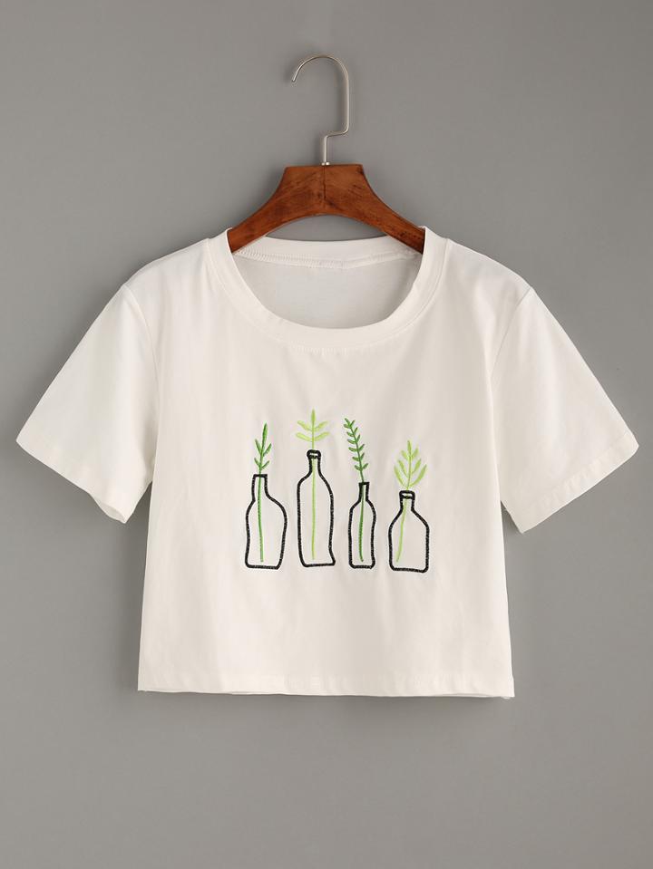 Shein White Plant Embroidered T-shirt