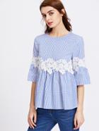 Shein Lace Applique Bell Sleeve Buttoned Keyhole Grid Babydoll Top