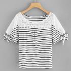 Shein Lace Panel Knot Cuff Striped Tee