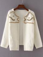Shein White Drop Shoulder Beaded Sweater Coat With Pockets