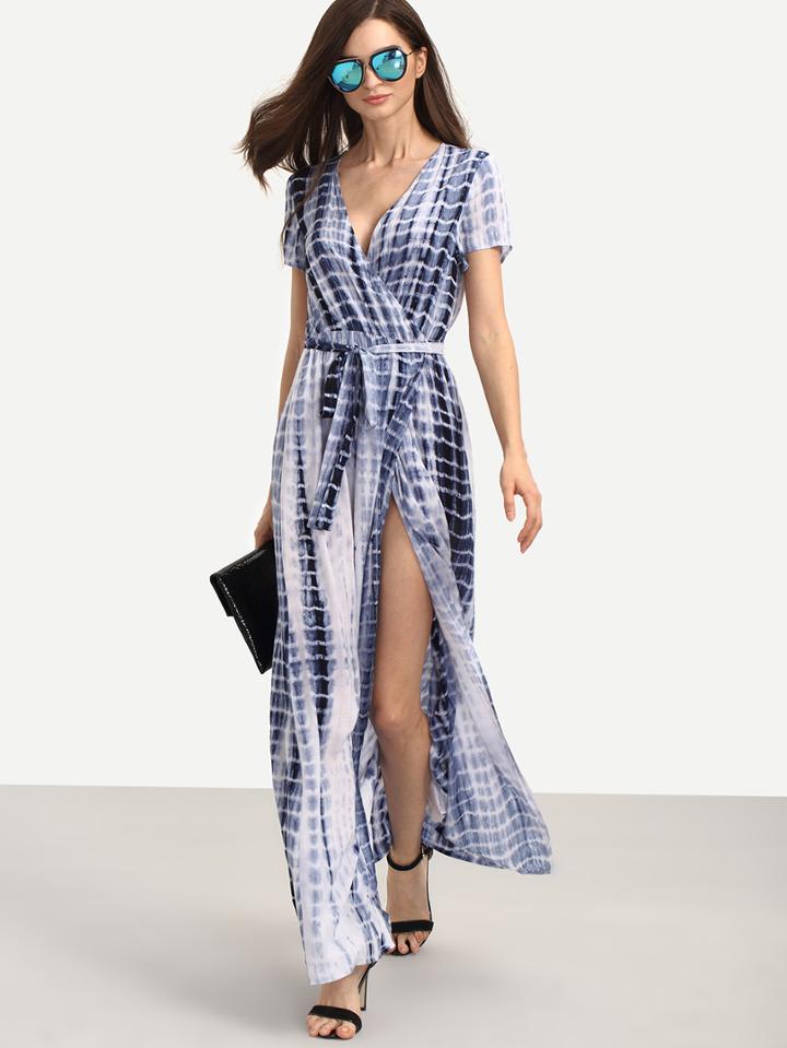 Shein Multicolor Print Short Sleeve Tie Waist Split Dress