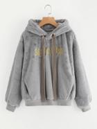 Shein Pocket Front Embroidered Fluffy Hoodie