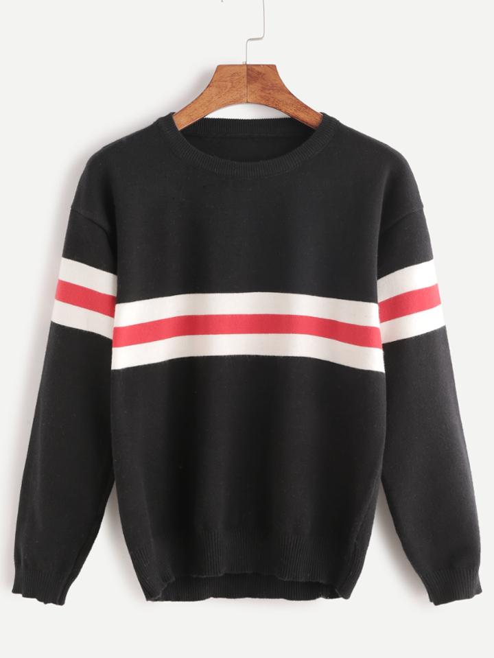 Shein Black Striped Drop Shoulder High Low Sweater