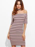 Shein Multicolor Striped Off The Shoulder Ribbed Knit Dress With Choker