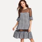 Shein Mesh Insert Ruffle Hem Gingham Dress