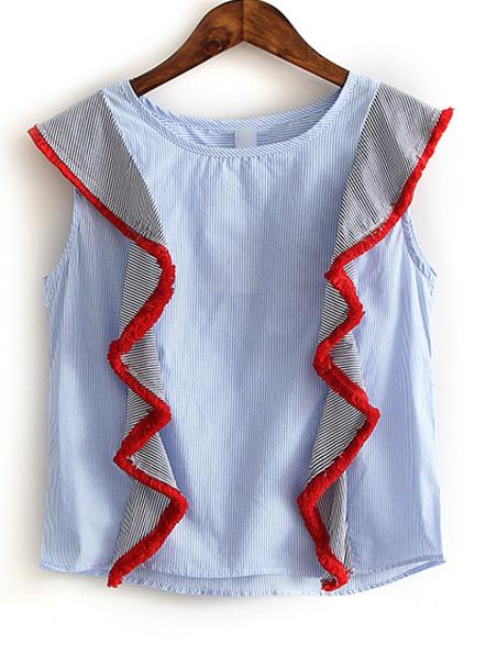 Shein Blue Cap Sleeve Stripe Asymmetric Blouse