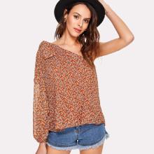 Shein Bow Tie One Shoulder Pleated Calico Top