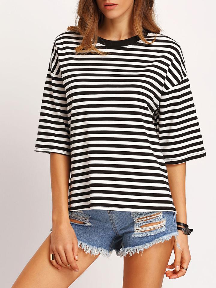 Shein Black White Crew Neck Striped Loose T-shirt
