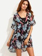 Shein Black Feather Print High Waist Ruffle Chiffon Dress