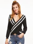 Shein Black V Neck Striped Trim Criss Cross Sweater