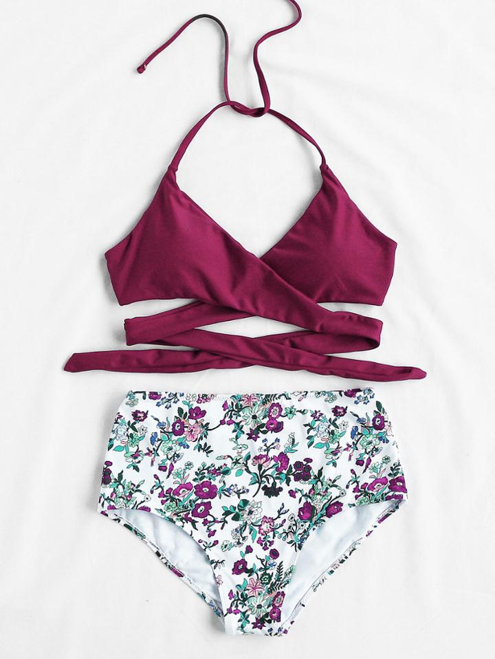 Shein Calico Print High Waist Wrap Bikini Set