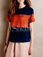 Shein Orange Navy Short Sleeve Color Block T-shirt
