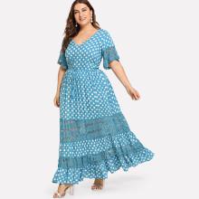 Shein Plus Lace Insert Bell Sleeve Polka Dot Dress