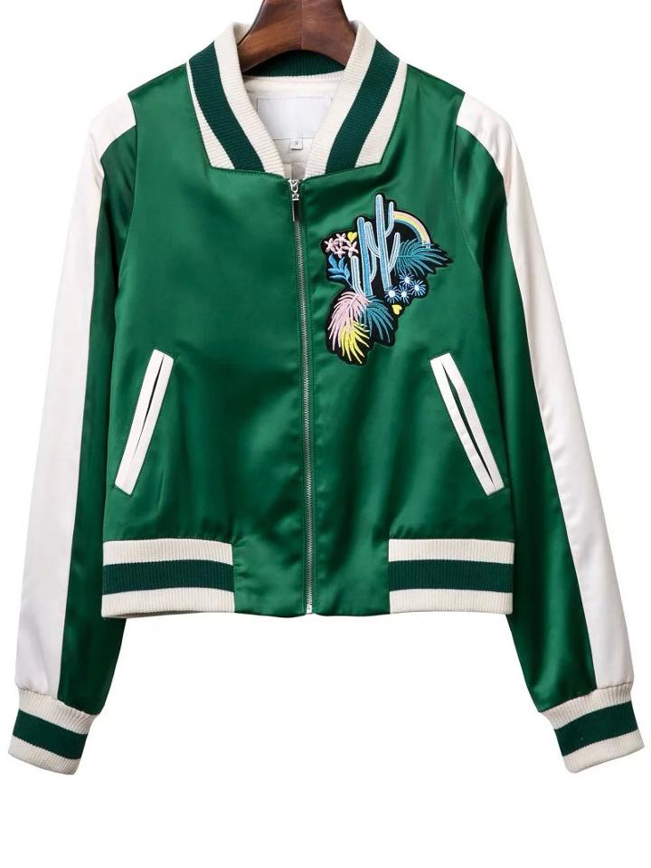 Shein Green Pockets Zipper Front Embroidery Jacket