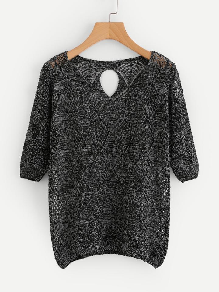 Shein Keyhole Back Open Knit Slub Sweater