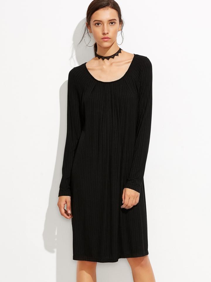 Shein Black Scoop Neck Ribbed Knit Long Sleeve Dress