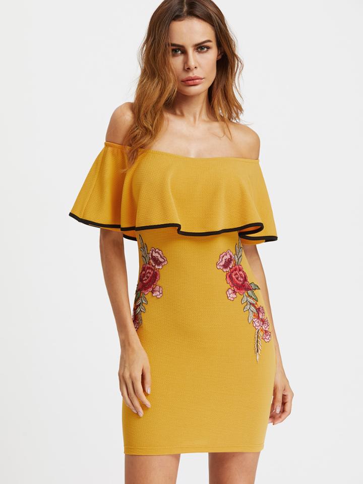 Shein Flounce Layered Neckline Appliques Bodycon Dress