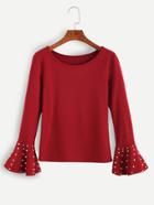 Shein Red Bell Sleeve Beading Trim T-shirt
