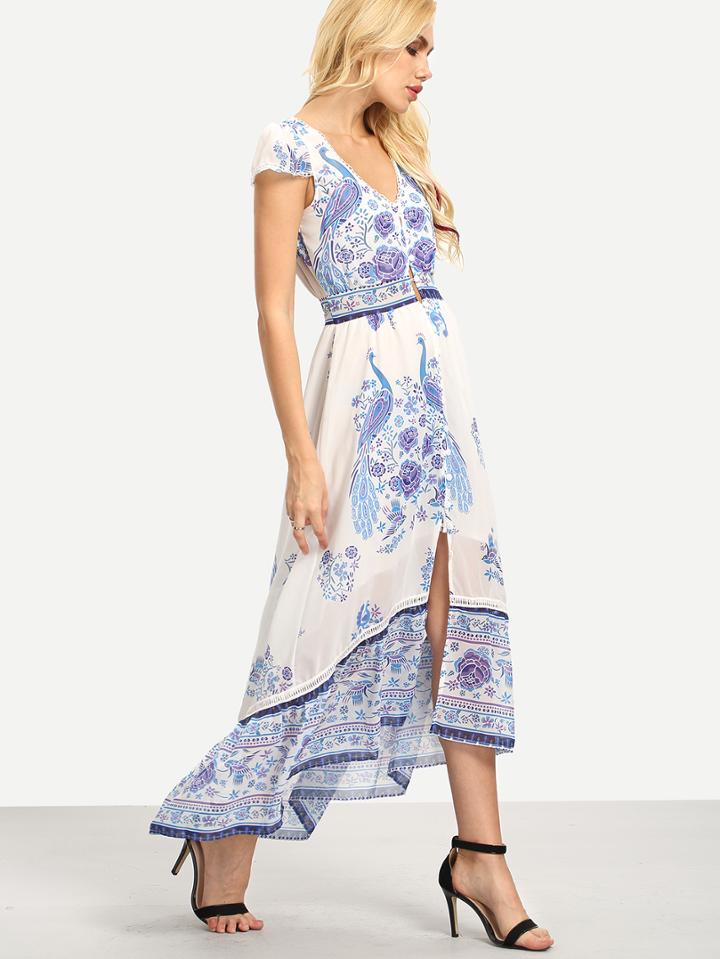 Shein Buttoned Front Flower Print Asymmetric Dress