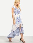 Shein Buttoned Front Flower Print Asymmetric Dress