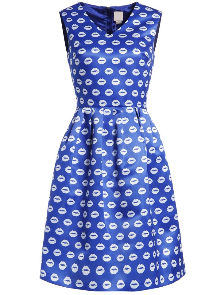 Shein Blue V Neck Sleeveless Mouth Print Flare Dress