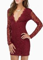 Rosewe Elegant Long Sleeve V Neck Wine Red Lace Dress
