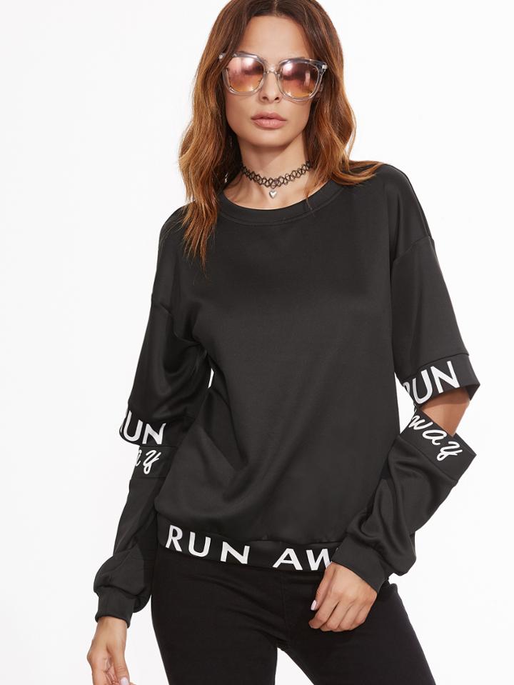 Shein Black Letter Print Open Elbow Sweatshirt