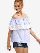 Shein Off The Shoulder Vertical Striped Contrast Lace Fringe Top