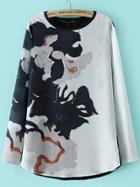 Shein Black White Crew Neck Floral T-shirt