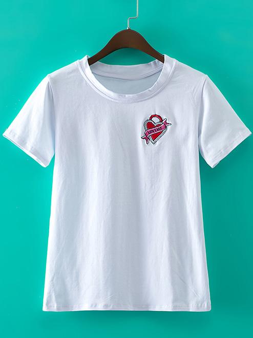 Shein White Short Sleeve Heart Embroidery Casual T-shirt