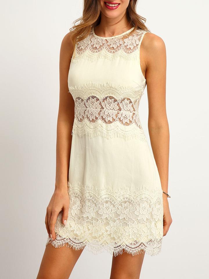 Shein Beige Crew Neck Sleeveless Hollow Lace Dress