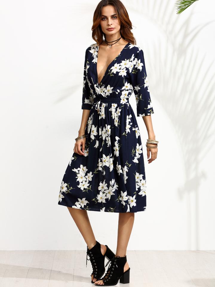 Shein Navy Floral Print Deep V Neck Drawstring Dress