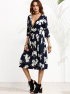 Shein Navy Floral Print Deep V Neck Drawstring Dress