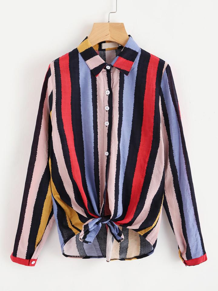 Shein Multi Stripe Knotted Hem Shirt