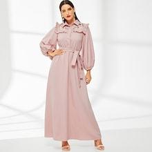 Shein Embroidered Frilled Yoke Lantern Sleeve Dress