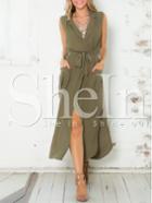 Shein Army Green Sleeveless V Neck Split Pockets Dress