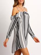 Shein Black White Cold Shoulder Vertical Stripe Dress
