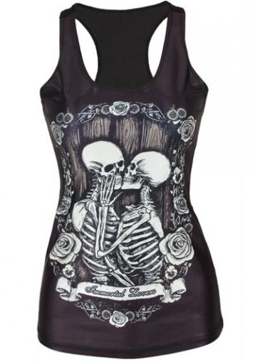 Rosewe Skeleton Print Scoop Neck Black Tank Top