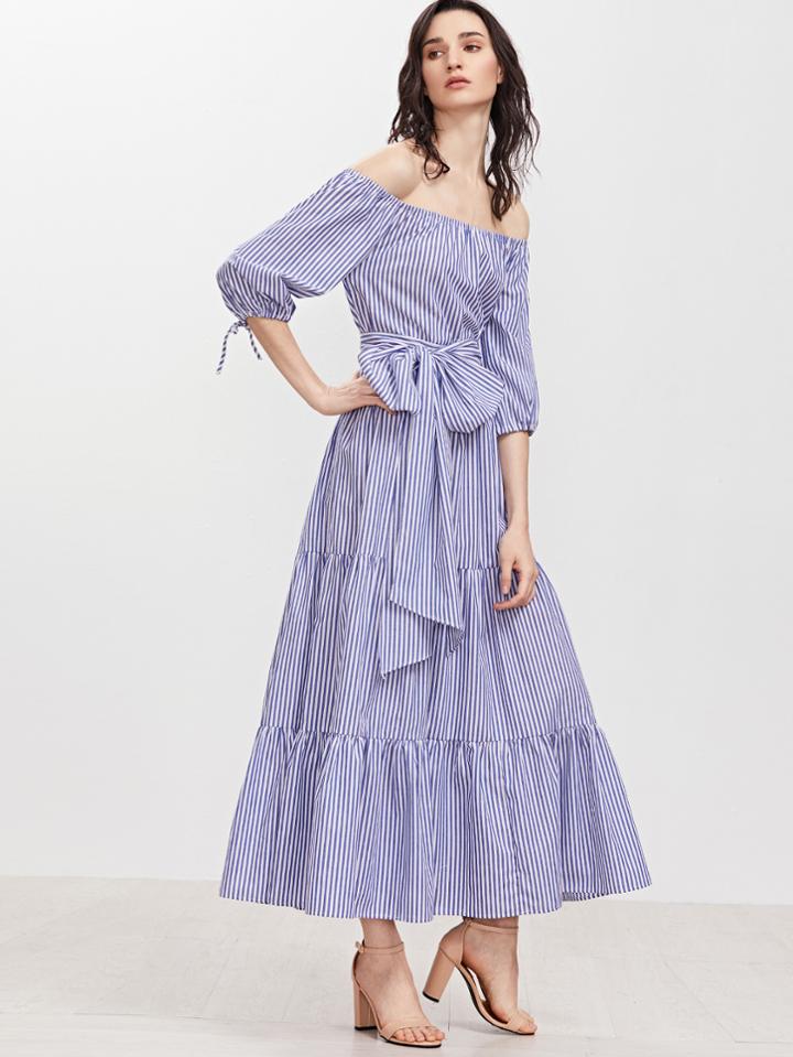Shein Striped Off Shoulder Belted Tiered Dress