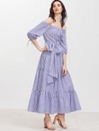 Shein Striped Off Shoulder Belted Tiered Dress