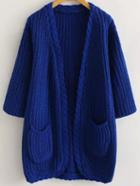 Shein Blue Casual Pockets Cable Knit Cardigan