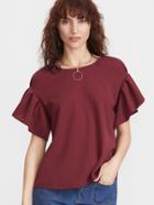 Shein Burgundy Drop Shoulder Pleated Ruffle Sleeve Top