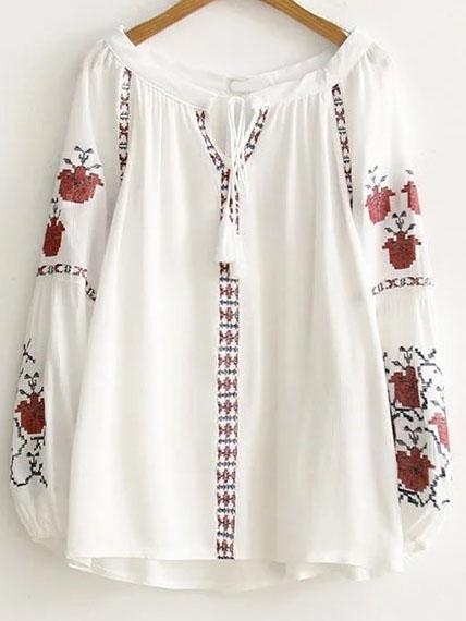 Shein White Embroidery Tassel Tie Lantern Sleeve Blouse