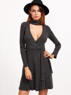 Shein Grey Ribbed Knit Cutout Choker Surplice Wrap Dress