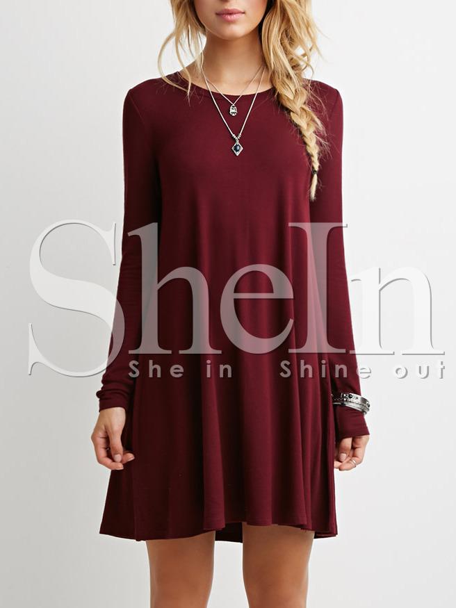 Shein Wine Red Long Sleeve Casual Babydoll Dress