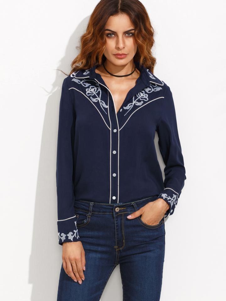 Shein Navy Embroidered Buttons Long Sleeve Blouse
